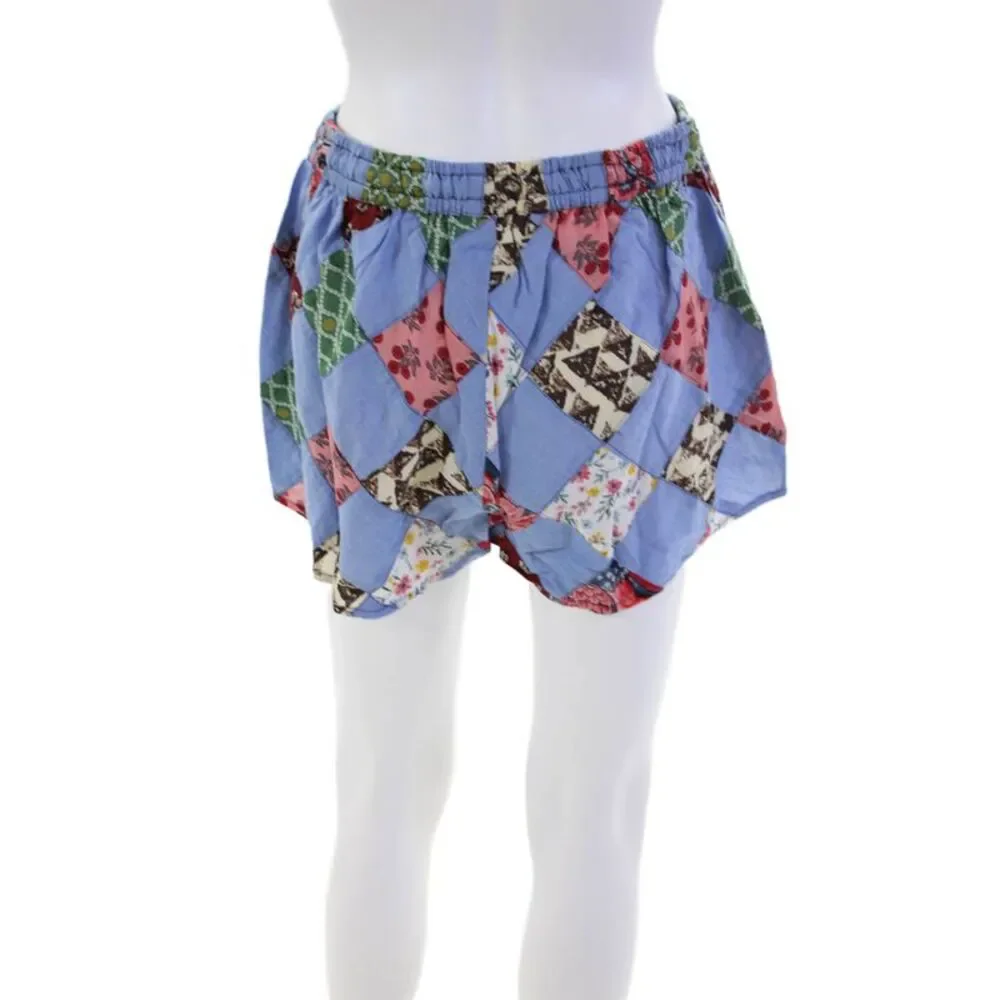 Warm Womens Cotton Patchwork Drawstring Waist Mid-Rise Casual Shorts Blue Size 1